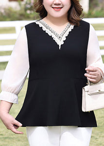 Italian Black V Neck Lace Patchwork Chiffon Top Long Sleeve