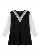 Load image into Gallery viewer, Italian Black V Neck Lace Patchwork Chiffon Top Long Sleeve