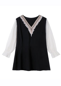 Italian Black V Neck Lace Patchwork Chiffon Top Long Sleeve