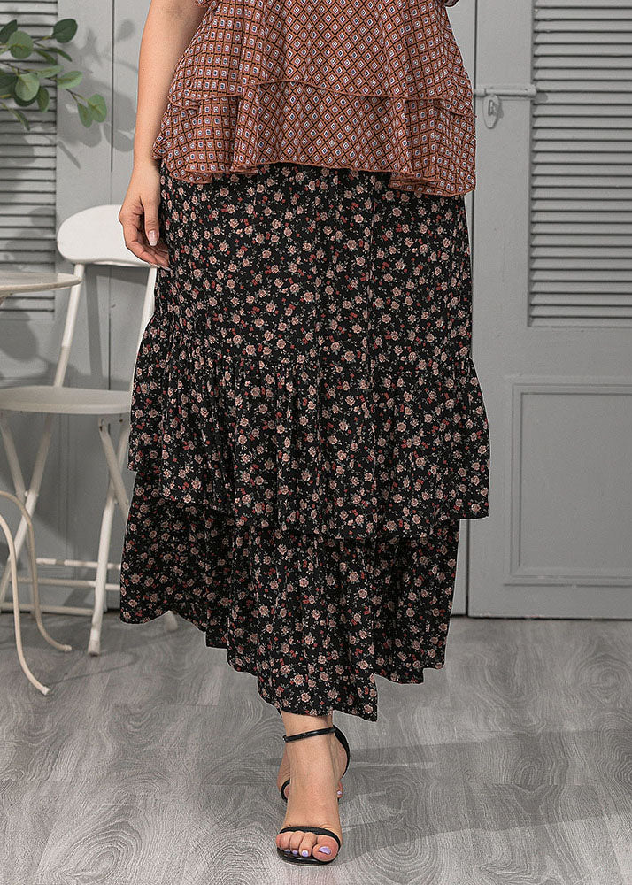 Italian Black Wrinkled Print Patchwork Chiffon Maxi Skirts Summer