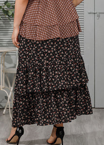 Italian Black Wrinkled Print Patchwork Chiffon Maxi Skirts Summer