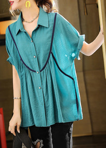 Italian Blue Oversized Patchwork Wrinkled Cotton Shirt Top Summer