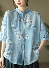 Load image into Gallery viewer, Italian Blue Peter Pan Collar Print Linen Shirt Top Half Sleeve