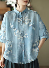 Load image into Gallery viewer, Italian Blue Peter Pan Collar Print Linen Shirt Top Half Sleeve