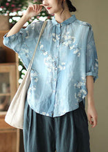 Load image into Gallery viewer, Italian Blue Peter Pan Collar Print Linen Shirt Top Half Sleeve