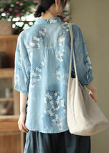 Load image into Gallery viewer, Italian Blue Peter Pan Collar Print Linen Shirt Top Half Sleeve