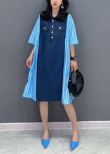 Load image into Gallery viewer, Italian Blue Striped Denim Patchwork Cotton Shirts Dresses Summer