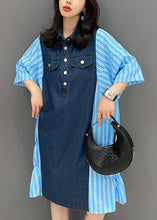 Load image into Gallery viewer, Italian Blue Striped Denim Patchwork Cotton Shirts Dresses Summer