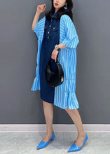 Load image into Gallery viewer, Italian Blue Striped Denim Patchwork Cotton Shirts Dresses Summer