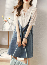 Load image into Gallery viewer, Italian Blue V Neck Lace Patchwork Fake Two Pieces Denim Mid Dresses Summer