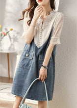 Load image into Gallery viewer, Italian Blue V Neck Lace Patchwork Fake Two Pieces Denim Mid Dresses Summer