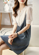 Load image into Gallery viewer, Italian Blue V Neck Lace Patchwork Fake Two Pieces Denim Mid Dresses Summer