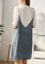 Load image into Gallery viewer, Italian Blue V Neck Lace Patchwork Fake Two Pieces Denim Mid Dresses Summer