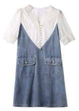 Load image into Gallery viewer, Italian Blue V Neck Lace Patchwork Fake Two Pieces Denim Mid Dresses Summer