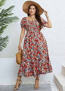 Italian Floral Wrinkled Patchwork Cotton Long Dress Puff Sleeve