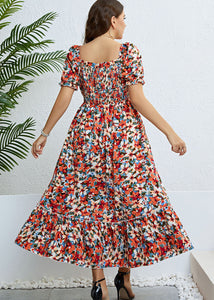 Italian Floral Wrinkled Patchwork Cotton Long Dress Puff Sleeve