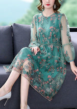 Load image into Gallery viewer, Italian Green Embroideried Tie Waist Tulle Mid Dress Summer