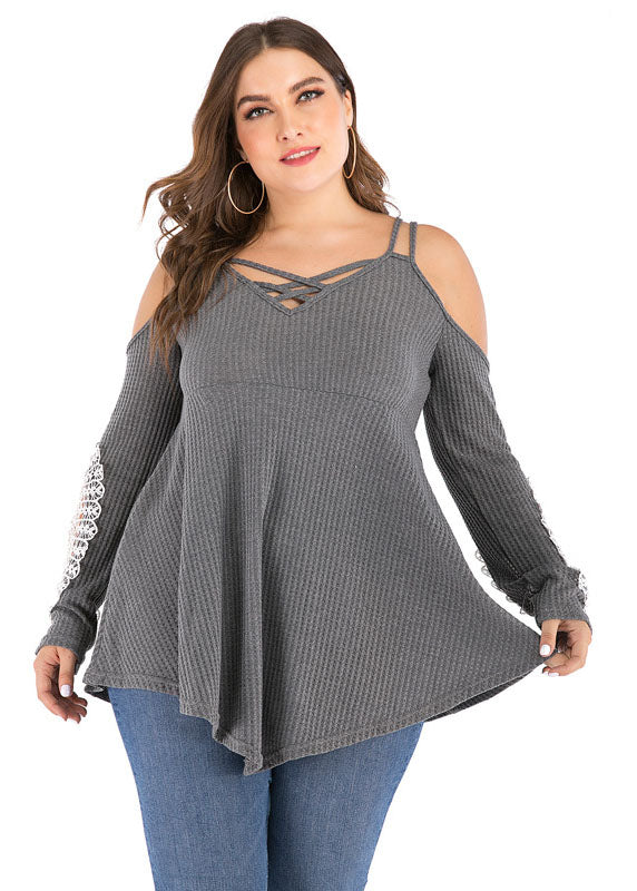 Italian Grey Asymmetrical Lace Patchwork Knit Tops Long Sleeve