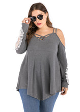 Load image into Gallery viewer, Italian Grey Asymmetrical Lace Patchwork Knit Tops Long Sleeve