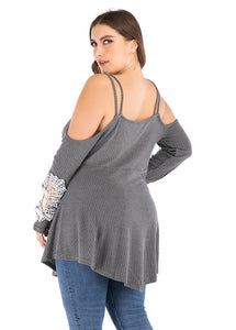 Italian Grey Asymmetrical Lace Patchwork Knit Tops Long Sleeve