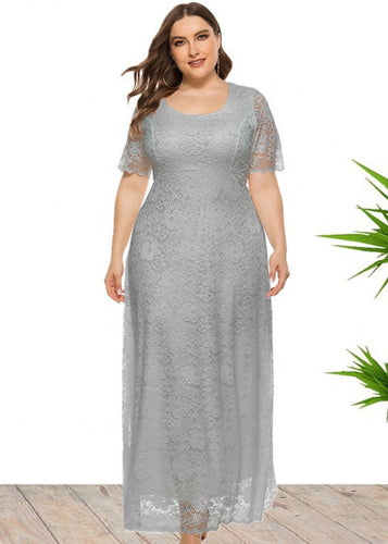 Italian Grey O-Neck Hollow Out Lace Long Dresses Summer