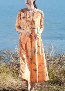 Italian O Neck Half Sleeve Dress Yellow Flower And Bird Print Maxi Dress