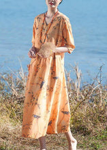 Load image into Gallery viewer, Italian O Neck Half Sleeve Dress Yellow Flower And Bird Print Maxi Dress