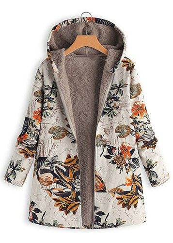 Italian Orange Hooded Print Patchwork Warm Fleece Coats Fall