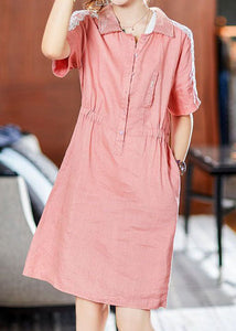 Italian Pink Peter Pan Collar Lace Patchwork Cotton Mid Dress Summer