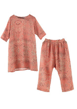 Load image into Gallery viewer, Italian Pink Print Ramie O-Neck Short Sleeve Harem Two Pieces Set