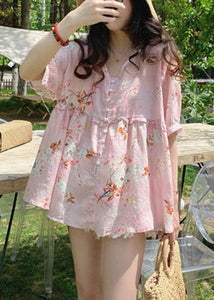 Italian Pink Ruffled Print Blouses Half Sleeve