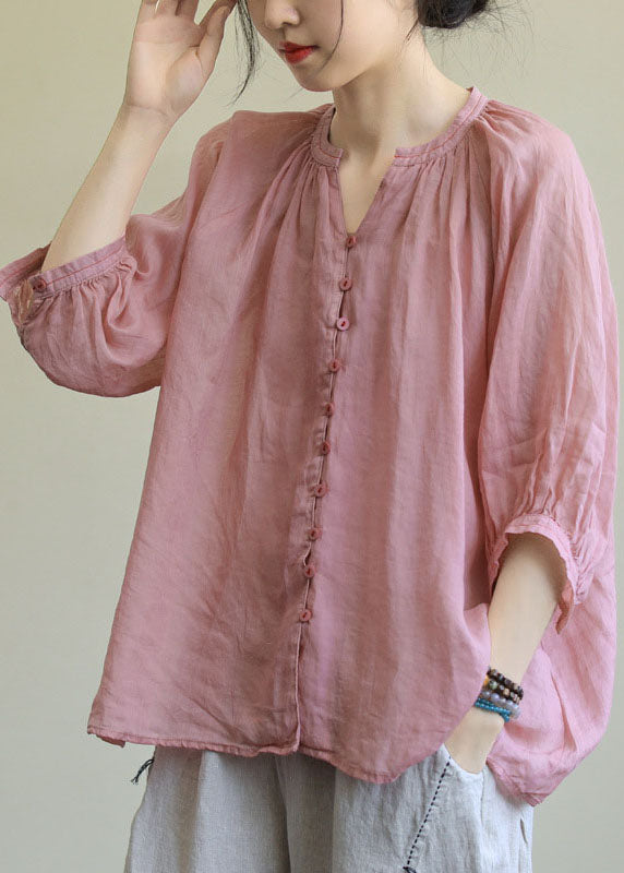 Italian Pink V Neck Button Loose Fall Half Sleeve Blouse Top