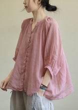 Load image into Gallery viewer, Italian Pink V Neck Button Loose Fall Half Sleeve Blouse Top