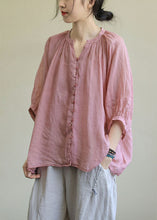 Load image into Gallery viewer, Italian Pink V Neck Button Loose Fall Half Sleeve Blouse Top