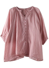 Load image into Gallery viewer, Italian Pink V Neck Button Loose Fall Half Sleeve Blouse Top