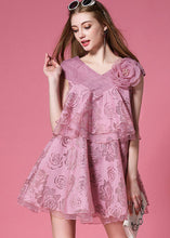 Load image into Gallery viewer, Italian Pink V Neck Floral Organza Vacation Dress Sleeveless