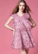 Load image into Gallery viewer, Italian Pink V Neck Floral Organza Vacation Dress Sleeveless