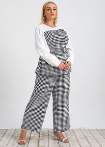 Italian Plaid Sashes Patchwork Tops And Pants Cotton Two Piece Set Long Sleeve