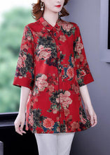 Load image into Gallery viewer, Italian Red Peter Pan Collar Print Side Open Silk Blouses Bracelet Sleeve