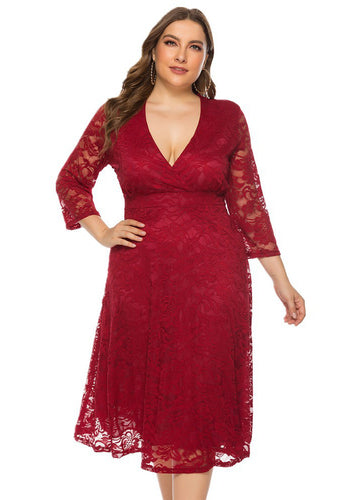 Italian Red V Neck High Waist Lace Mid Dress Long Sleeve