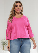 Load image into Gallery viewer, Italian Rose V Neck Hollow Out Patchwork Cotton T Shirt Tops Summer