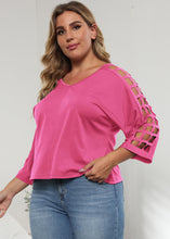 Load image into Gallery viewer, Italian Rose V Neck Hollow Out Patchwork Cotton T Shirt Tops Summer