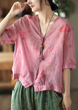 Load image into Gallery viewer, Italian Rose V Neck Print Button Linen Top Half Sleeve