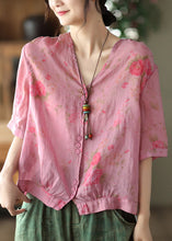 Load image into Gallery viewer, Italian Rose V Neck Print Button Linen Top Half Sleeve