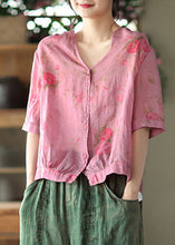 Load image into Gallery viewer, Italian Rose V Neck Print Button Linen Top Half Sleeve