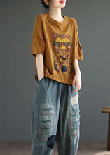 Load image into Gallery viewer, Italian Yellow O Neck Print Patchwork Cotton T Shirt Tops Summer