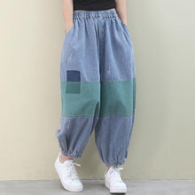 Load image into Gallery viewer, Italian women pants denim blue pattern elastic waist patchwork green trousers