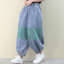 Load image into Gallery viewer, Italian women pants denim blue pattern elastic waist patchwork green trousers