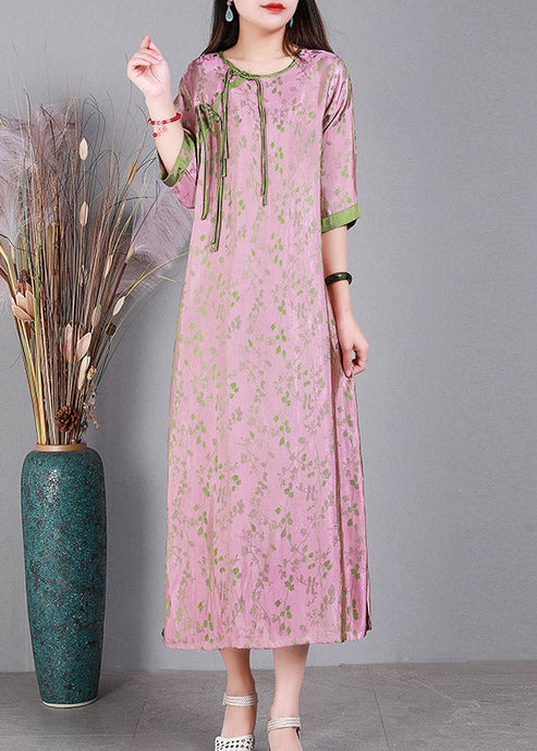 Jacquard Pink O-Neck Print Button Silk Long Dress Half Sleeve