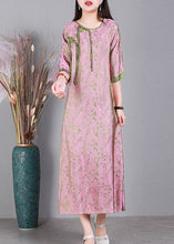 Load image into Gallery viewer, Jacquard Pink O-Neck Print Button Silk Long Dress Half Sleeve